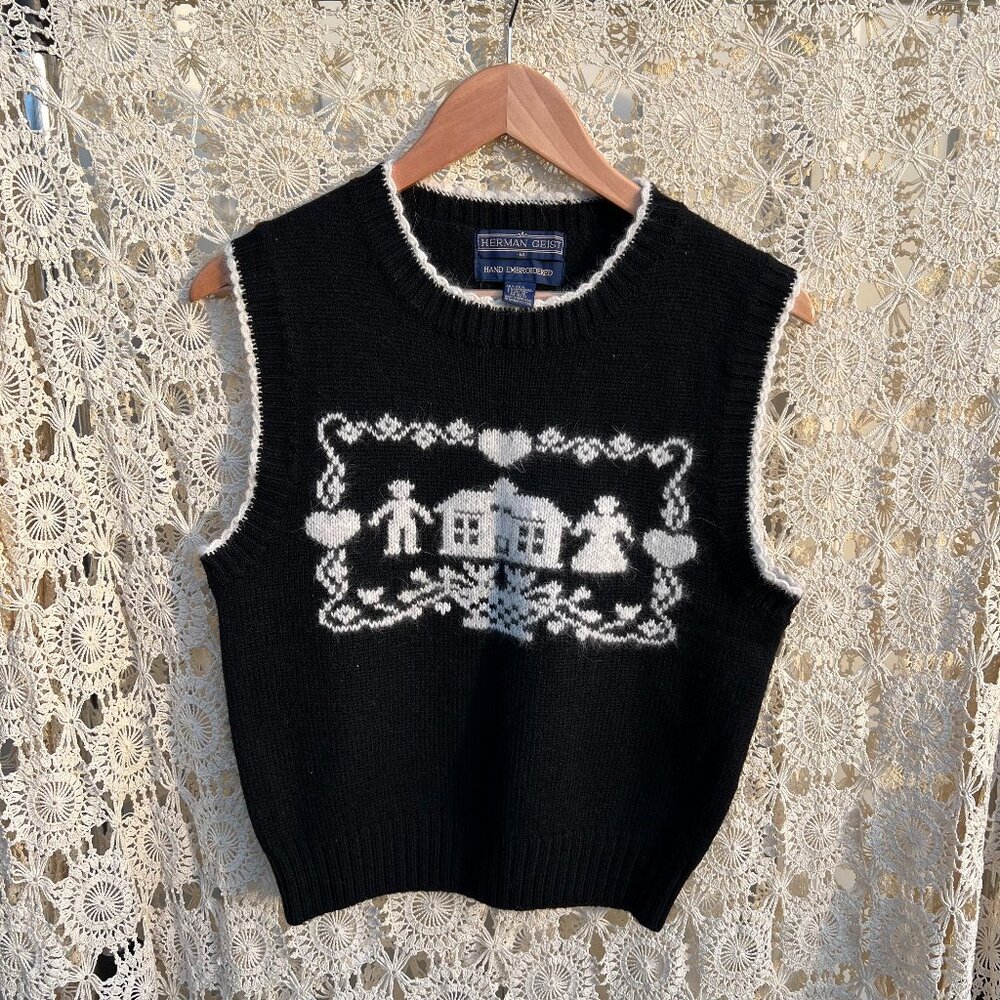 Vintage Wool Black and White Holiday Sweater Vest / Size M / Hand Embroidered